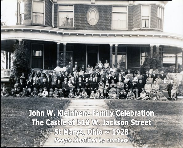 John W. and Cataherine Kleinhenz hold a family reuntion and celebration in their new home at 518 West Jackson Street in St Marys, Ohio, on September 30, 1928 in their new house.

Can you help identify others? Please contact Andy Niekamp at andyniekamp@gmail.com

1 - John W. Kleinhenz
2 - Catherine (Tuente) Kleinhenz (John W's wife)
3 - Anthony Kleinhenz (John W's brother)
4 - Anna (Lochtefeld) Kleinhenz (Anthony's wife)
5 - Arnold Kleinhenz (John W's son)
6 - Raymond Kleinhenz (John W's son)
7 - Alfred Kleinhenz (John W's son)
8 - Hilda (Kleinhenz) Creeden (John W's daughter)
9 - Mabel (Klosterman) Kleinhenz (Raymond's wife)
10 - Pauline (Kleinhenz) Klug (John W's daughter)
11 - Leonard Kleinhenz (John W's son)
12 - George Thieman (Olive's husband)
13 - Father Sebastion Kremer (Alfrida's uncle)
14 - Olive (Kleinhenz) Thieman (John W's daughter)
15 - Alfrida Kleinhenz (John W's daughter)
16 - Minnie Kleinhenz (John W's sister)
17 - George Klosterman (Mabel's father)
18 - Mary Ann (Schwieterman) Klosterman (George K's wife)
19 - Esther Kleinhenz (John W's daughter)
20 - Edwin Kleinhenz (John W's son)
21 - Robert John Kleinhenz (Raymond's son)
22 - Regina (Kleinhenz) Meyer (John W's sister)
23 - Jerome Meyer (Regina's son)
24 - Harold Thieman (George's son)
25 - Hilda Thieman (George's daughter)
26 - Agatha (Dorsten) Kleinhenz (Alfred's wife)
27 - Stanley R. Kleinhenz (Anthony's son)
28 - Father Otto Missler
29 - John D. Kremer