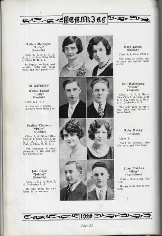 Pauline (Kleinhenz) Klug ~ Memorial High School St. Marys, Ohio Yearbook ~ Class of 1928 ~ Page 28 ~ Whole Page. Source: St. Marys Community Public Library