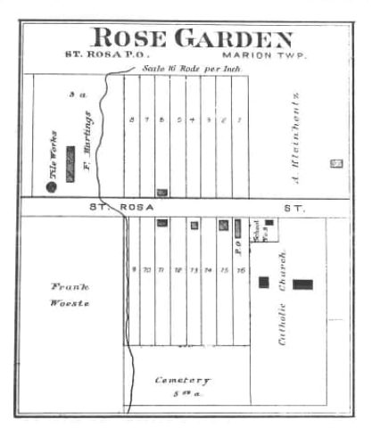 St Rose, Ohio village plat map. This plat map shows A. Kleinhenz as owner of the property and across the highway from the St. Rose Church. Arnold Kleinhenz is the father of John. W. Kleinhenz. Arnold Kleinhenz owned the farm from 1866-1893.